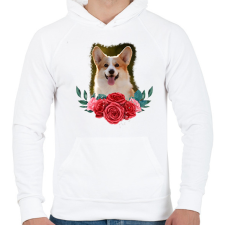 PRINTFASHION Corgi virággal - Férfi kapucnis pulóver - Fehér férfi pulóver, kardigán