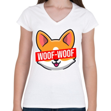 PRINTFASHION Corgi Woof-Woof - Női V-nyakú póló - Fehér