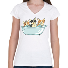PRINTFASHION Corgik a kádban - Női V-nyakú póló - Fehér női póló