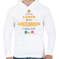 PRINTFASHION Csak töltsd ki a kávém - Horgolós - Férfi kapucnis pulóver - Fehér