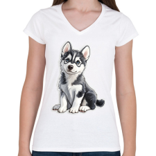 PRINTFASHION Cuki Husky Kölyök - Női V-nyakú póló - Fehér női póló