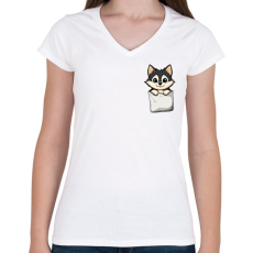 PRINTFASHION Cuki Husky Zsebben - Női V-nyakú póló - Fehér