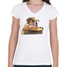 PRINTFASHION Cuki kutya könyvet olvas - Női V-nyakú póló - Fehér női póló