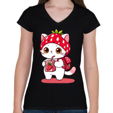 PRINTFASHION Cuki szamóca cica - Női V-nyakú póló - Fekete női póló