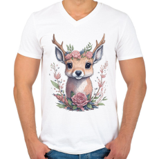 PRINTFASHION Cuki szarvas bébi virágokkal - Férfi V-nyakú póló - Fehér
