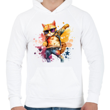 PRINTFASHION Cuki szupersztár macska - Férfi kapucnis pulóver - Fehér férfi pulóver, kardigán