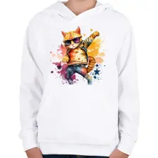 PRINTFASHION Cuki szupersztár macska - Gyerek kapucnis pulóver - Fehér gyerek pulóver, kardigán