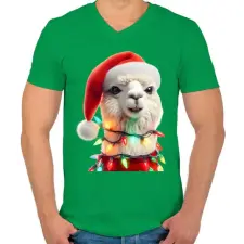 PRINTFASHION Cuki vicces karácsonyi party láma - Férfi V-nyakú póló - Zöld férfi póló
