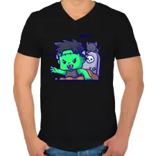 PRINTFASHION Cuki zombi frankenstein - Férfi V-nyakú póló - Fekete férfi póló