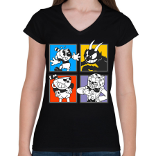 PRINTFASHION Cuphead karakterek - Női V-nyakú póló - Fekete női póló