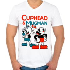 PRINTFASHION Cuphead & Mugman - Férfi V-nyakú póló - Fehér férfi póló