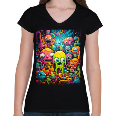 PRINTFASHION Cute Monsters - Női V-nyakú póló - Fekete