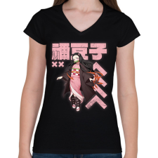 PRINTFASHION Demon Slayer Nezuko - Női V-nyakú póló - Fekete női póló