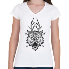 PRINTFASHION Demon Wolf - Női V-nyakú póló - Fehér