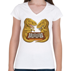 PRINTFASHION Dínók sakkoznak - Női V-nyakú póló - Fehér