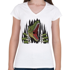 PRINTFASHION Dinoszaurusz - Tépett anyag - Női V-nyakú póló - Fehér női póló