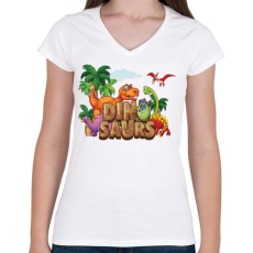 PRINTFASHION Dinoszauruszok - Női V-nyakú póló - Fehér