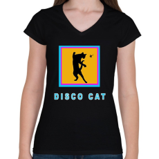 PRINTFASHION DISCO CAT - Női V-nyakú póló - Fekete