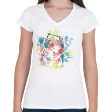 PRINTFASHION Disznó fejhallgatóval - Női V-nyakú póló - Fehér női póló