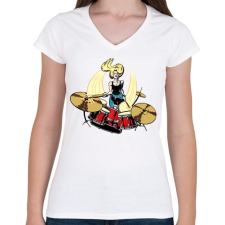 PRINTFASHION Drummer - Női V-nyakú póló - Fehér női póló