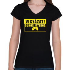 PRINTFASHION Dühös Játékos - Női V-nyakú póló - Fekete