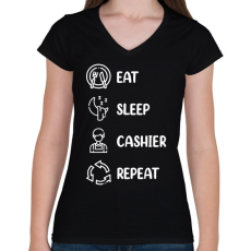PRINTFASHION Eat, sleep, cashier, repeat - Női V-nyakú póló - Fekete