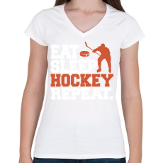 PRINTFASHION Eat Sleep Hockey Repeat - Női V-nyakú póló - Fehér