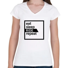 PRINTFASHION Eat sleep ride repeat  - Női V-nyakú póló - Fehér női póló