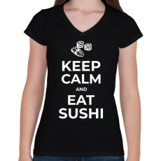 PRINTFASHION EAT SUSHI - Női V-nyakú póló - Fekete