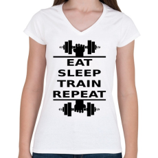 PRINTFASHION EATSLEEPTRAINREPEAT FEKETE - Női V-nyakú póló - Fehér