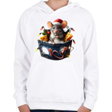PRINTFASHION Egér zsebben - vicces karácsonyi kisegér mikulás sapkában - Gyerek kapucnis pulóver - Fehér