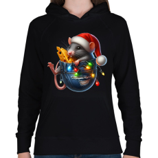 PRINTFASHION Egér zsebben - vicces karácsonyi kisegér mikulás sapkában - Női kapucnis pulóver - Fekete