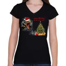 PRINTFASHION Egy Raptor Karácsonya - Női V-nyakú póló - Fekete női póló