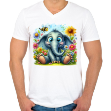 PRINTFASHION Elefánt a virágos mezőn - Férfi V-nyakú póló - Fehér férfi póló