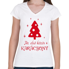 PRINTFASHION Első közös karácsony - Női V-nyakú póló - Fehér női póló