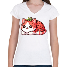PRINTFASHION Eper cica - Női V-nyakú póló - Fehér női póló