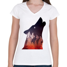 PRINTFASHION Farkas és hold - Női V-nyakú póló - Fehér női póló