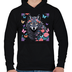 PRINTFASHION farkas pillangókkal és virágokkal - Férfi kapucnis pulóver - Fekete