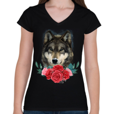 PRINTFASHION Farkas rózsával - Női V-nyakú póló - Fekete