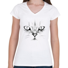 PRINTFASHION Fehér macska - Női V-nyakú póló - Fehér női póló