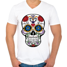 PRINTFASHION Fehér, piros és lila calavera illusztráció - Férfi V-nyakú póló - Fehér férfi póló