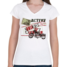 PRINTFASHION Fekete motor - Női V-nyakú póló - Fehér női póló