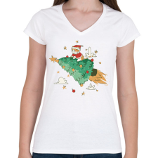 PRINTFASHION Fenyőfa cica rakéta - Női V-nyakú póló - Fehér női póló