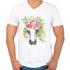 PRINTFASHION Festett egyszarvú virágokkal - Férfi V-nyakú póló - Fehér férfi póló