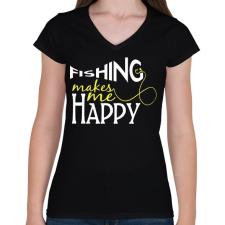 PRINTFASHION Fishing makes me happy - Női V-nyakú póló - Fekete női póló