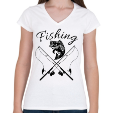 PRINTFASHION Fishing - Női V-nyakú póló - Fehér női póló