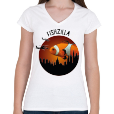 PRINTFASHION Fishzilla - Női V-nyakú póló - Fehér