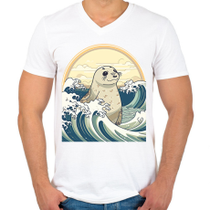 PRINTFASHION Fóka és a hullámok anime stílus - Férfi V-nyakú póló - Fehér