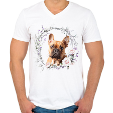 PRINTFASHION francia bulldog virágokkal - Férfi V-nyakú póló - Fehér férfi póló