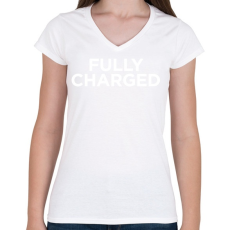 PRINTFASHION Fully Charged (white) - Női V-nyakú póló - Fehér